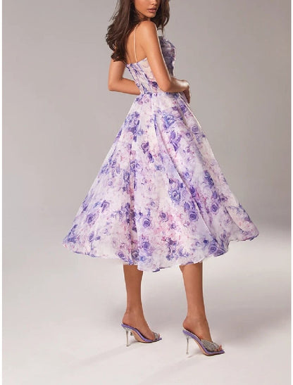 A-Line Homecoming Dresses Princess Dress Wedding Guest Holiday Tea Length Sleeveless Spaghetti Strap Organza with Print