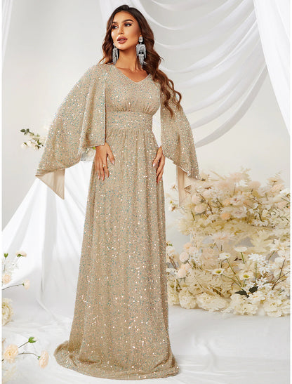 A-Line Evening Gown Sparkle & Shine Dress Formal Wedding Sweep / Brush Train Long Sleeve V Neck Capes Polyester with Sequin