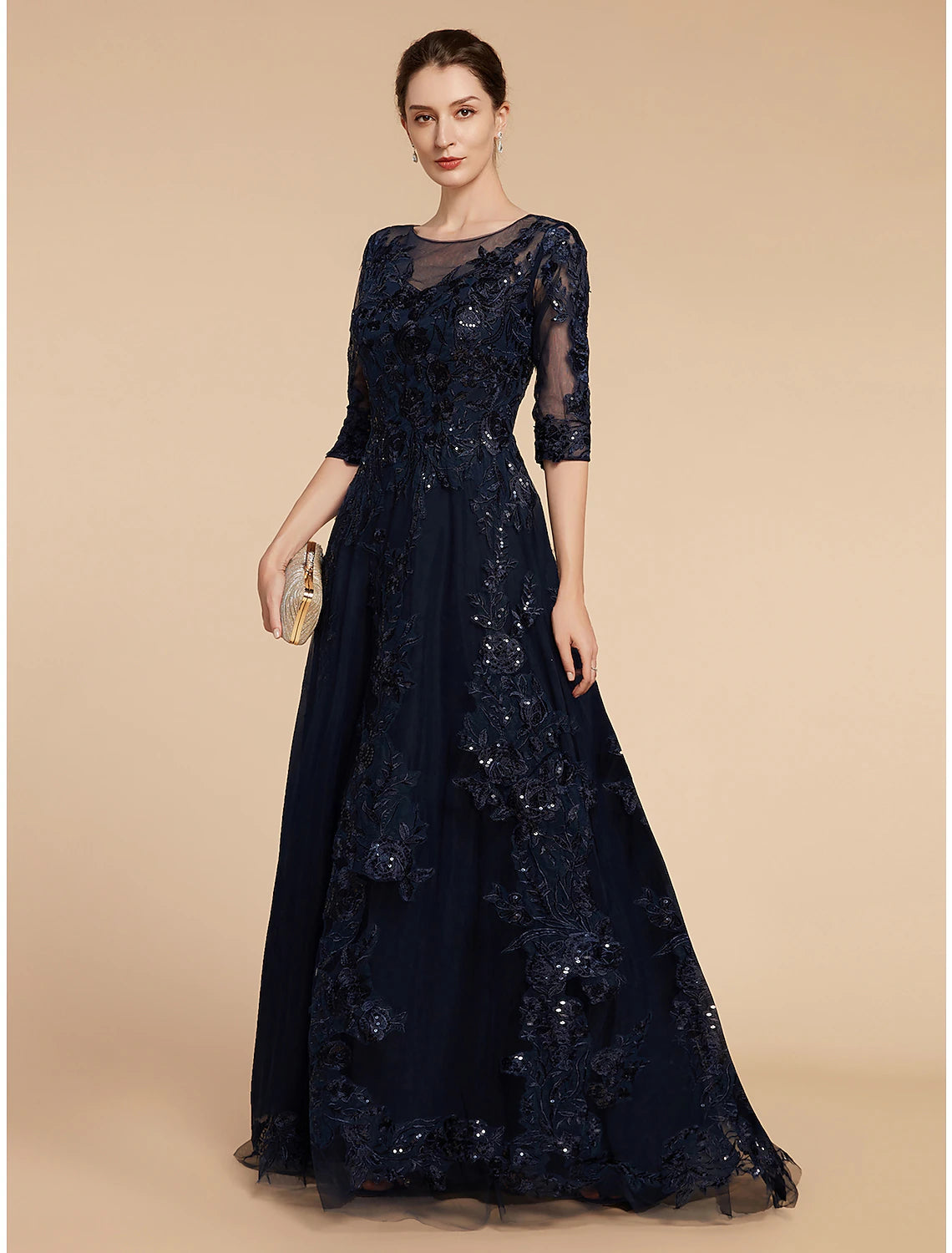A-Line Mother of the Bride Dress Formal Wedding Guest Elegant Party Scoop Neck Floor Length Chiffon Lace 3/4 Length Sleeve with Sequin Appliques