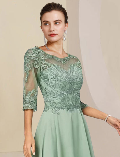 Two Piece A-Line Mother of the Bride Dress Formal Wedding Guest Elegant High Low Scoop Neck Asymmetrical Tea Length Chiffon Lace Half Sleeve Wrap Included with Beading Appliques