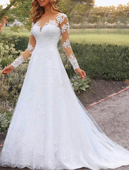 Open Back Formal Wedding Dresses A-Line Illusion Neck Long Sleeve Court Train Lace Bridal Gowns With Beading Appliques