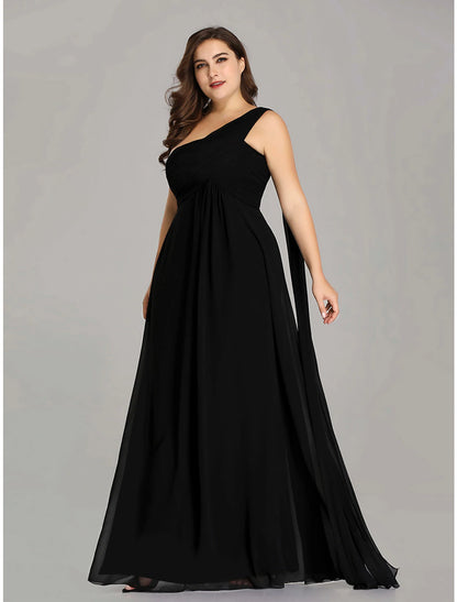 A-Line Evening Gown Empire Dress Wedding Guest Formal Evening Floor Length Sleeveless One Shoulder Bridesmaid Dress Chiffon Backless with Pleats Draping