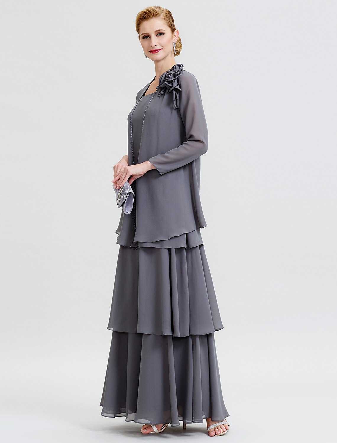 A-Line Mother of the Bride Dress Formal Floral Convertible Dress Scoop Neck Floor Length Chiffon Long Sleeve Wrap Included with Beading Flower Tiered
