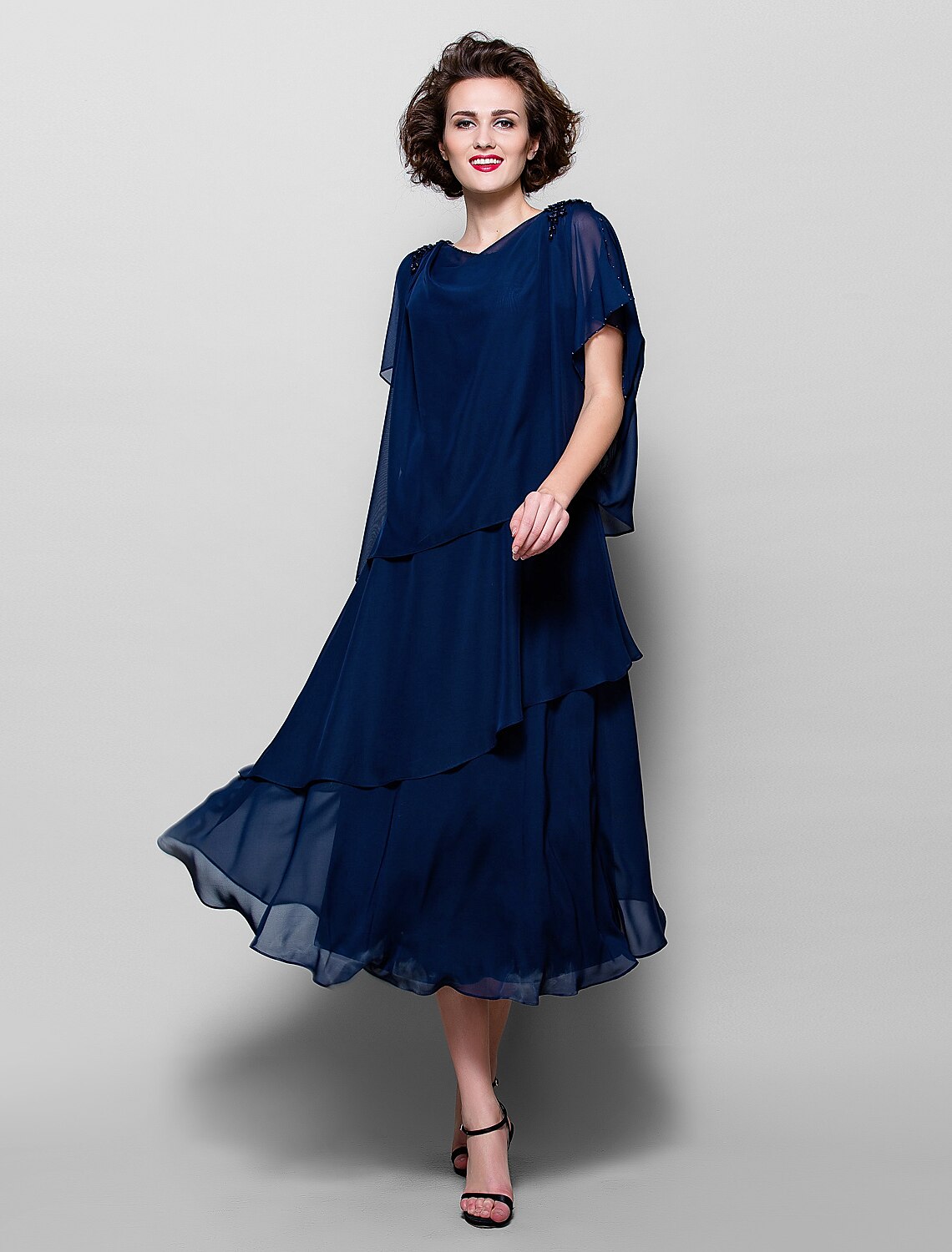 A-Line Mother of the Bride Dress Elegant Plus Size Cowl Neck Tea Length Chiffon Short Sleeve with Ruffles Crystal Brooch