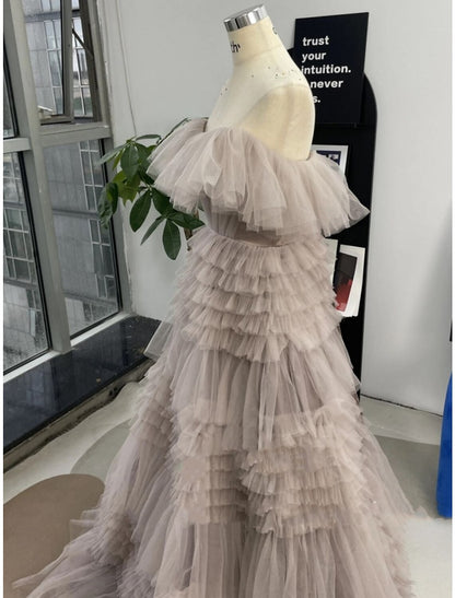 A-Line Prom Dresses Elegant Dress Formal Sweep / Brush Train Sleeveless Strapless Tulle with Pleats Ruffles