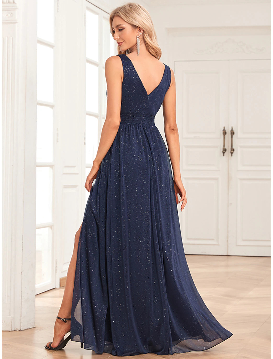 A-Line Evening Gown Empire Dress Wedding Guest Party Wear Floor Length Sleeveless V Neck Spandex V Back with Glitter Slit