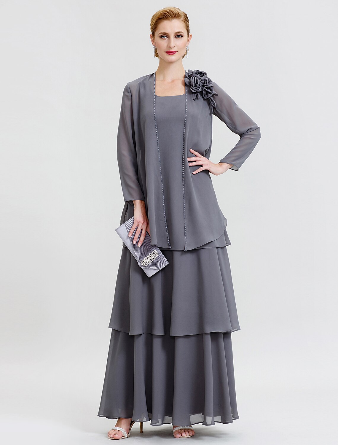 A-Line Mother of the Bride Dress Formal Floral Convertible Dress Scoop Neck Floor Length Chiffon Long Sleeve Wrap Included with Beading Flower Tiered