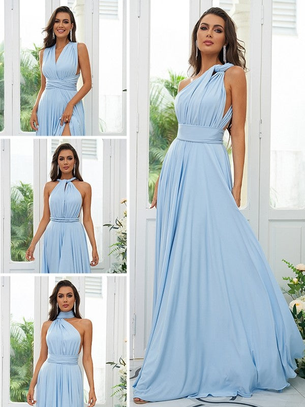 A-Line/Princess Jersey Ruffles Halter Sleeveless Floor-Length Convertible Bridesmaid Dresses